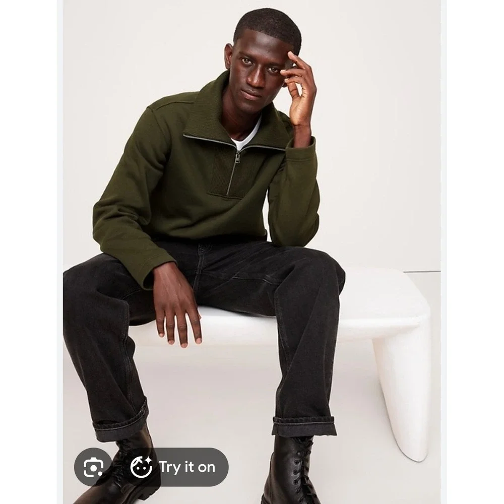 Banana Republic Mens Olive Green Ribbed Mock Neck Half Zip Sweatshirt Size M